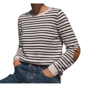Women SM Petite Elevated Classic Preppy Knit Top Striped Elbow Patch Lightweight